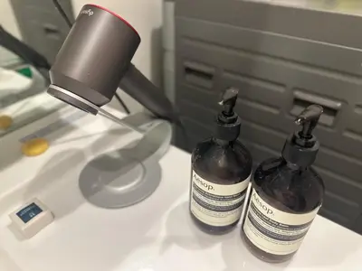 two bottles sitting on top of a bathroom sink at Tokyo Designer Guest House in central Tokyo in Tokyo