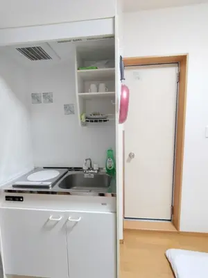 a small kitchen with a sink and a door at Senju 103, Relaxed Tokyo Studio in Tokyo