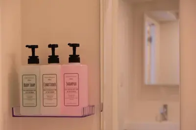 two bottles ofodorizers on a shelf in a bathroom at Mi-HOTEL MIYA SHINJUKU in Tokyo