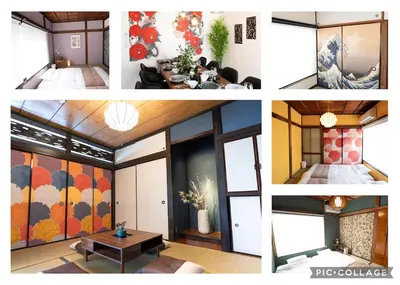 a collage of four pictures of a room at Max 15 people OK,2-minute walk from the station, Japanese-style modern 6LDK house in Tokyo