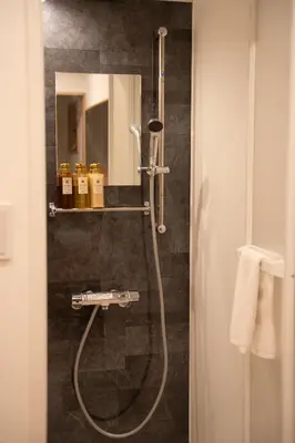 a bathroom with a shower with a sink and a mirror at \u96f2\u820e\u65c5\u9928 in Tokyo