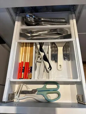 a drawer with scissors and other utensils in it at Near JR Kameari Tokyo - Shades of Green - Japanese House for up to 6 Guests in Tokyo