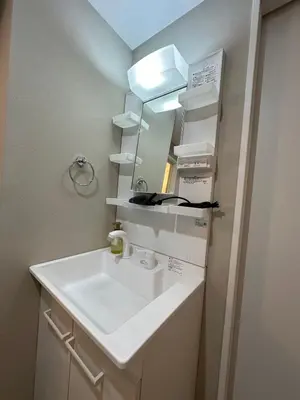 a bathroom with a white sink and a mirror at \u65b0\u7bc9OPEN GREW OJI residence202 in Tokyo