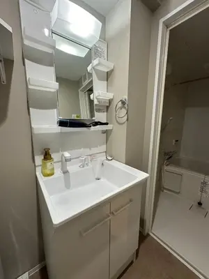 a white bathroom with a sink and a mirror at \u65b0\u7bc9OPEN GREW OJI residence401 in Tokyo