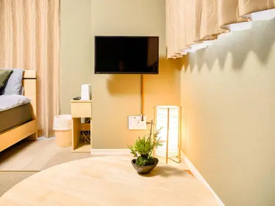 a room with a tv on a wall with a plant at Triphome Nakano Japanese Style in Tokyo
