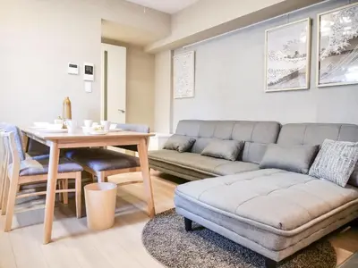 a living room with a couch and a table at Triphome Asakusa 2 Bedrooms in Tokyo
