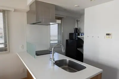 a kitchen with a sink and a counter at The Apartment Hotel Shibuya 1 in Tokyo