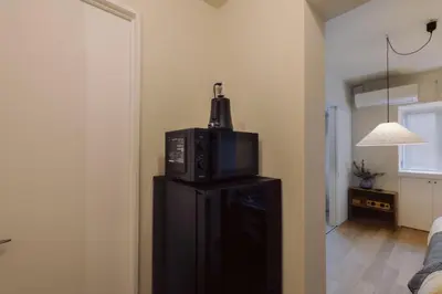 a microwave on top of a black refrigerator in a room at The Apartment Hotel Ebisu 1 in Tokyo