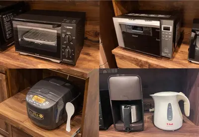 two pictures of different types of appliances on a shelf at KR family terrace in Tokyo