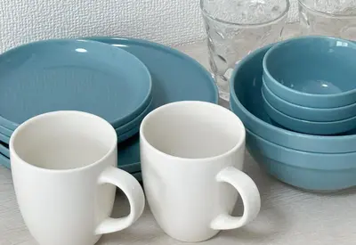 three cups and plates and bowls on a table at \u30a2\u30b9\u30d4\u30a2403 in Tokyo