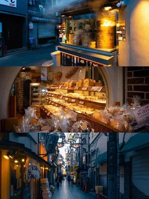 a collage of three pictures of a street with a bakery at Near Shinjuku Nakano unit walking 4mins Broadway in Tokyo