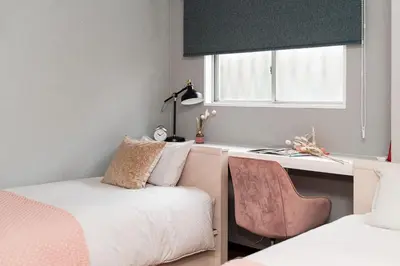 a bedroom with a desk and a bed and a chair at Yy-\u7be0\u516c\u5bd33LDK-TS0376 in Tokyo
