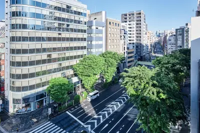 an aerial view of a city street with a bus at Nihonbashi Hamacho Hotel Fortuna, PH 50m2, 3min, 4pax in Tokyo