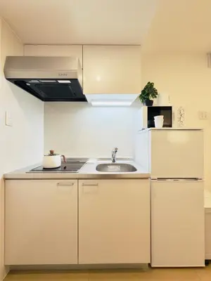 a white kitchen with a sink and a refrigerator at \u6574\u5957\u79c1\u4eba\u9ad8\u7ea7\u89c2\u666f\u9152\u5e97\u516c\u5bd3 \u8fea\u58eb\u5c3c\u76f4\u8fbe \u6674\u7a7a\u5854\u5929\u7a7a\u6811 \u4ea4\u901a\u4fbf\u5229 \u8f66\u7ad9\u6b65\u884c3\u5206\u949f in Tokyo