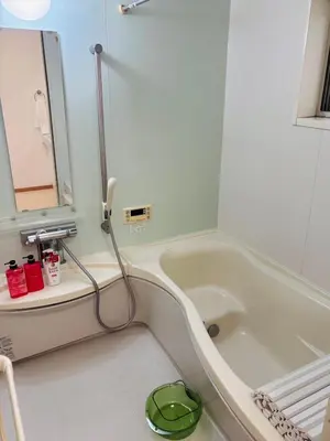 a bathroom with a bath tub and a mirror at Mokuga apartment in Tokyo
