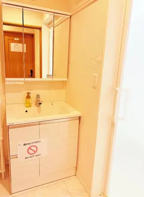 a bathroom with a sink and a mirror at \u6c60\u888b\u672c\u753a201 in Tokyo