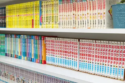 a row of books on a book shelf at Villa Jujo in Tokyo