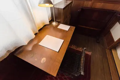 an overhead view of a wooden table with a lamp at Ebihara in Tokyo