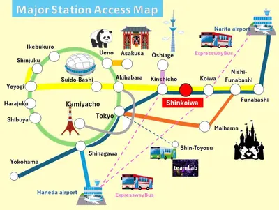 a map of the major station areasmap at HIKA HOUSE Shinkoiwa in Tokyo
