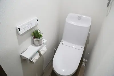 a white toilet in a bathroom with a plant on it at Pr34\u4e0b\u843d\u5408 in Tokyo