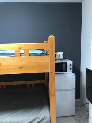 a bunk bed in a room with a microwave at \u685c\u5c4bSakuraya201 in Tokyo