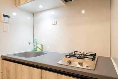 a kitchen counter with a stove and a sink at \u30b3\u30f3\u30dd\u30b8\u30c3\u30c8\u5927\u68ee in Tokyo