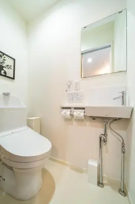 a white bathroom with a toilet and a mirror at \u30a2\u30f3\u30c9\u30b9\u30c6\u30a4\u5927\u5cf63\u4e01\u76ee in Tokyo