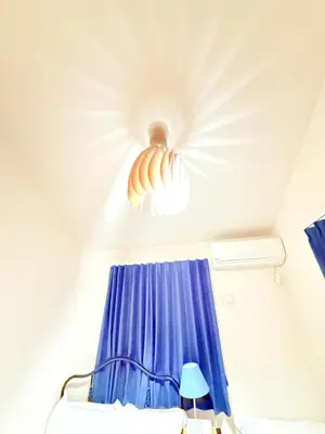 a bedroom with a ceiling fan and a blue curtain at \u6c60\u888b\u672c\u753a302 in Tokyo