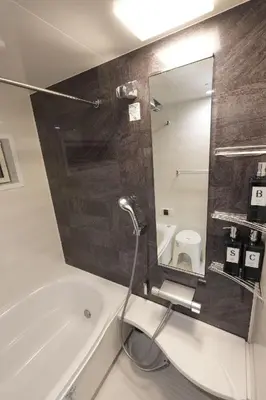 a bathroom with a bath tub and a mirror at 100 INN Suite in Tokyo