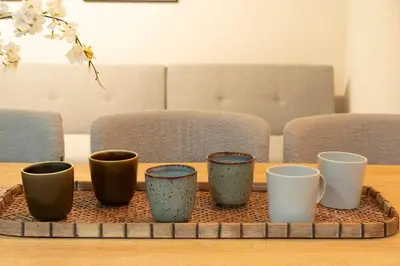 a tray with different colored cups on a table at T4U Shinjyuku in Tokyo