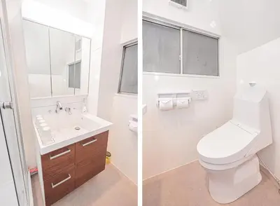 two pictures of a bathroom with a toilet and a sink at Stay \u6b4c\u821e\u4f0e\u753a A in Tokyo