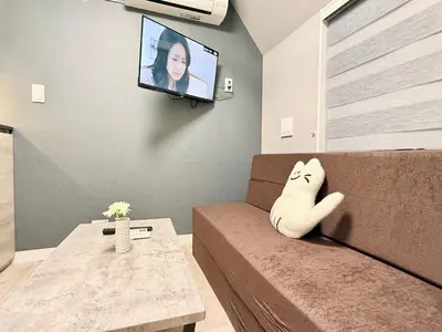 a living room with a couch with a tv on the wall at Shinjuku downtown C2 in Tokyo