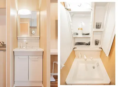 two pictures of a bathroom with a sink and a mirror at Komorebi Asakusa A5 Cozy 4P StayThe 77 House Tokyo in Tokyo