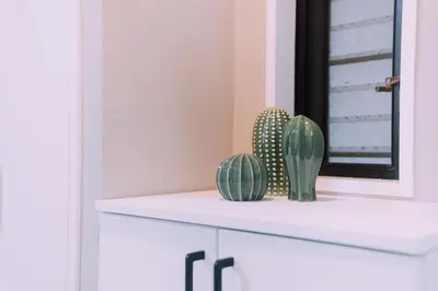 a white cabinet with two cactuses on top of it at Showa Bloom Cozy Stay Near Shinjuku in Tokyo
