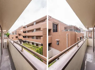 two images of an apartment building from a balcony at self-check in CASA shinjuku in Tokyo