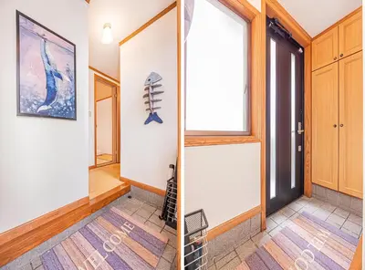 two pictures of a hallway with a door and a window at self-check in CASA shinjuku in Tokyo