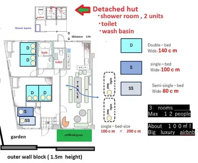a schematic diagram of the proposed layout of a house at Ardel-hohu luxuryroom-1st floor-3 Bedroom-3shower,110square in Tokyo