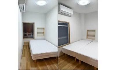 two photos of a room with two beds and a window at Makino Building - Vacation STAY 15981v in Tokyo