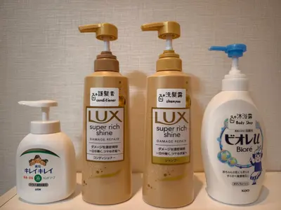 a group of four bottles of cleaning products on a counter at Makino Building - Vacation STAY 15661v in Tokyo
