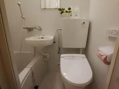a small bathroom with a toilet and a sink at \u611b\u306e\u5c4b\u30db\u30c6\u30eb\u6c60\u888b in Tokyo