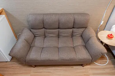 a brown couch sitting in a living room at Sohome Otsuka Hotel in Tokyo