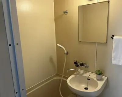 a bathroom with a sink and a shower with a mirror at RHK Guest House102 in Tokyo