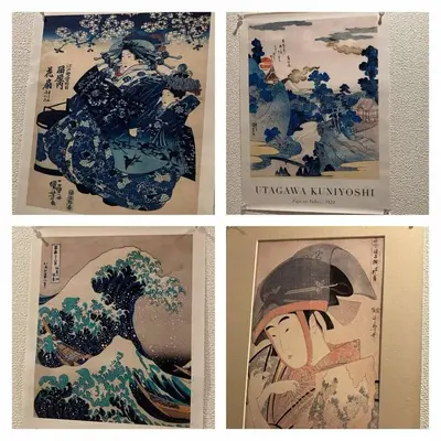 a group of four pictures of a painting of a wave at Park side tango in Tokyo