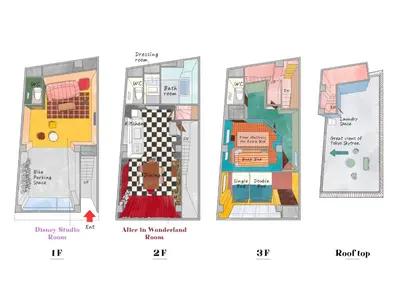 three different floor plans of a building at Private house 100sqm with bicycles Disney 30min in Tokyo