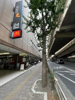 a tree on the side of a street next to a building at \u539f\u7530\u5c4b Hotel8F in Tokyo