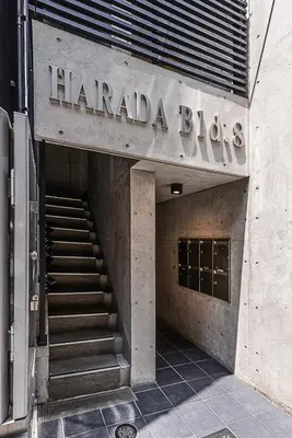 a entrance to a harandera blobs building with stairs at \u539f\u7530\u5c4b Hotel8F in Tokyo
