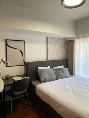 a bedroom with a bed and a desk and a chair at Kabukicho Queen Bed Hotel in Tokyo
