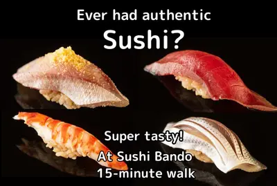 three different types of sushi with the words ever had authentic sushi at Miu Hotel Togoshi Ginza - Festival Vibes Every Day with Easy Access to Landmarks, Bullet Train & Airports in Tokyo