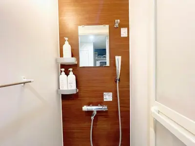 a bathroom with a shower with a mirror and a sink at Green house Japan in Tokyo