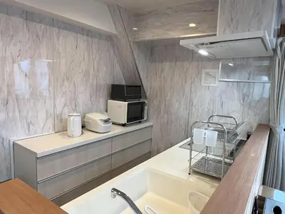 a small kitchen with a sink and a microwave at \u6771\u4eac\u6d45\u8349\u30a4\u30f3501 in Tokyo